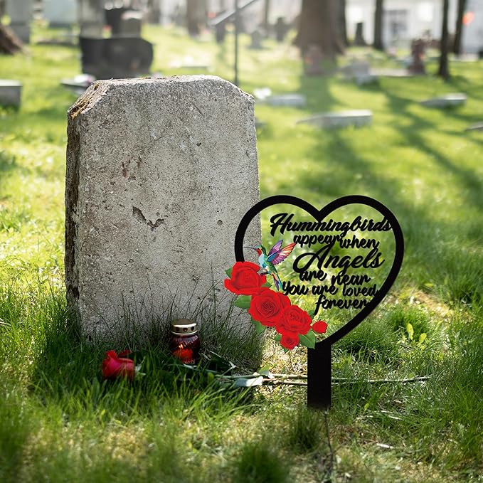 BUoonyer Stake Graves Cemetery Decorations - Mom Metal Memorial Grave Marker, Mother Heart Graveyard Sympathy Plaque, Hummingbird Flower Remembrance Graveside Burial Decor Sign for Outside Yard Garden