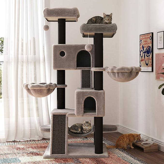 SHA CERLIN 65in Larger Cat Tree Tower Condo for Indoor Kitties/Multi-Level Furniture Activity Center with Wide Base/Cozy Plush Perches/Baskets/Sisal Scratching Posts and Hammock/Black & Grey