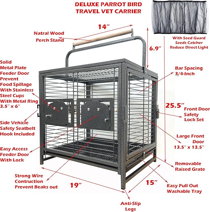 Portable and Durable Heavy Duty Travel Vet Bird Parrot Carrier Play Stand Perch Cage Feeding Bowl Stand with Handle and Accessories Prevent Beaks Out Include Cage Cover