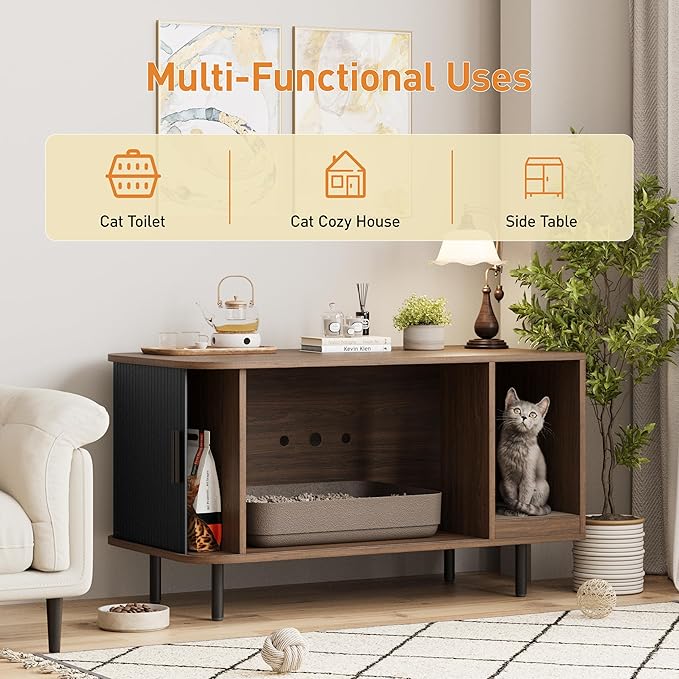 Cat Litter Box Enclosure with Cat Scratch Pad, Sliding Door, 37.4" Litter Box Enclosure Furniture Hidden Litter Box, Modern Indoor Cat House, TV Stand, Side End Table for Living Room, Black