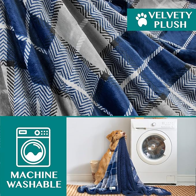 PetAmi Dog Blanket for Bed, XL Pet Blanket Large Dogs, Fleece Furniture Couch Cover Protector Sofa Car Crate Kennel, Soft Sherpa Cat Throw Plush Reversible Washable, Twin 60x80 Plaid Navy Blue