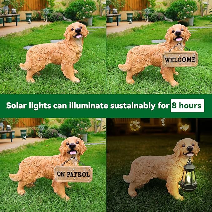Golden Retriever Statue Outdoor Decorations – Outdoor Dog Statue Standing Golden Retriever with Removable Solar Light & Welcome Sign for Patio Décor