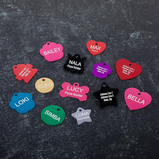Providence Engraving Pet ID Tags - Small or Large Personalized Anodized Aluminum Pet Tags in Bone, Round, Star, Heart, Hydrant, Paw and Cat Face Shapes and 9 Colors for Dog and Cat