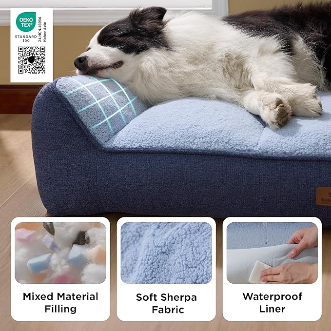 Bedsure SupportMax™ XL Plus Orthopedic Dog Beds Large Sized Dog - Extra Thick Supportive Dogs Couch with Waterproof Washable Cover, Jumbo Pet Sofa with Soft Sherpa and Nonskid Bottom, Blue, 48"