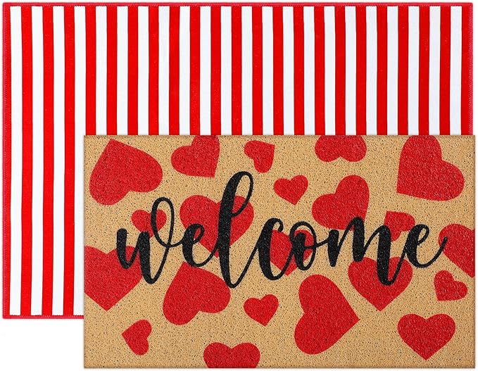 Tinideya 2 Pcs Door Mat Welcome Non Slip Coir Mats Floor Layering Doormats Seasonal for Front Porch Entryway Decor(Heart)