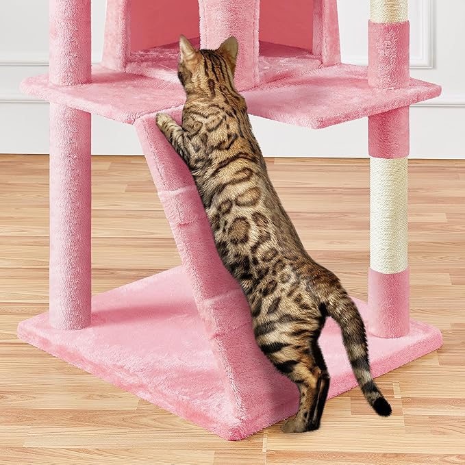 Yaheetech XL Cat Tree, 80in Multi-Level Cat Tower w/Scratching Posts, Double Condo, Perched Platforms and Dangling Balls, Pet Activity Center for Kittens, Pink