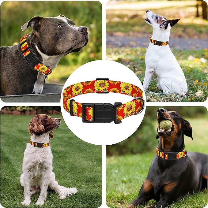 Dog Collar, Floral Boys Girls Puppy Collar for Small Medium Large Dogs, Adjustable Soft Pet Collar with Safety Buckle for Male Females (Red Sunflower, L)