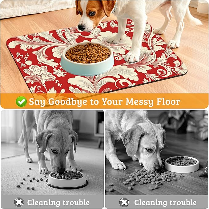 Red White Flower Feeding Mat,Paisley Absorbent Quick-Dry Cat Dog Food and Water Bowl Mats,Non-Slip Rubber Backing Mat,Cat Dog Accessories Supplies 12" x 20"