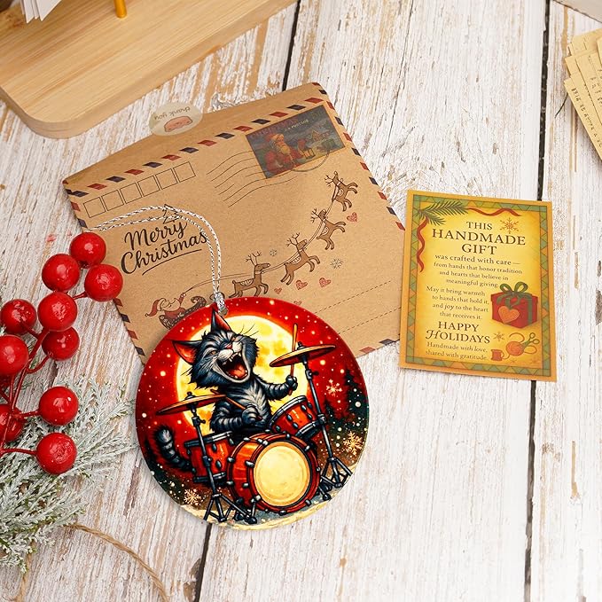 Cat Ornaments for Christmas Tree, Christmas Ornaments 2025, Funny Cat Ornament Playing Drums, Music Lover Gift for Women and Cats Lovers, Unique Funny Christmas Ornaments for Adults Decor