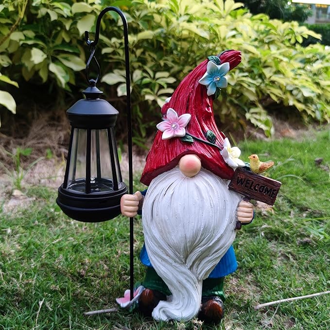 Solar Garden Gnomes Statue with Succulent and LED Lights - Solar Lantern Gnomes Decorations for Yard Outdoor gnome Decorations for Garden, Patio Gnome Gifts for Mom