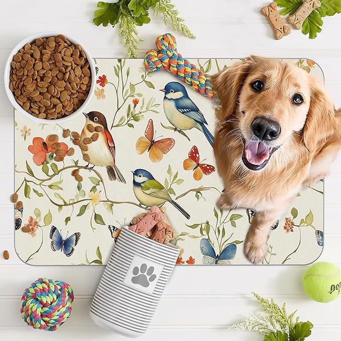 Butterfly Bird Dog Food Mat for Floors,Vintage Nature Absorbent Pet Food and Water Bowl Mats,Non-Slip Pet Feeding Mat,Pet Supplies 12" x 20"