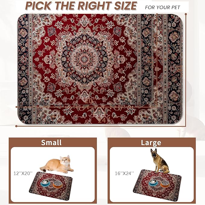 Vintage Carpet Boho Pet Feeding Mat,Absorbent Quick-Dry Cat Dog Food and Water Bowl Mats,Non-Slip Rubber Backing Mat,Cat Dog Accessories Supplies 16"x24"