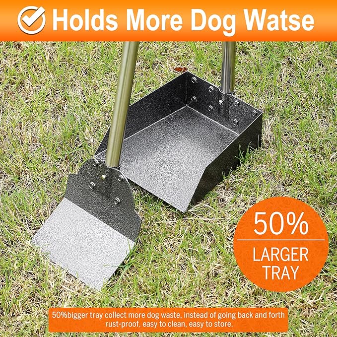 Pooper Scooper, Metal Aluminum Tray and Spade Poop Scoop Set with Adjustable Stainless Steel Long Handle, Pet Waste Removal Heavy Duty Poop Scooper (Tray&Spade, Medium)