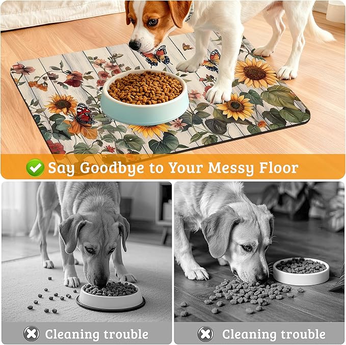Pet Feeding Mat,Vintage Flower Absorbent Dog Cat Food Mat Rustic Wooden Dog Mat with Rubber Backing,Non-Slip Water Bowl Placemat,Pet Supplies 16" x 24"