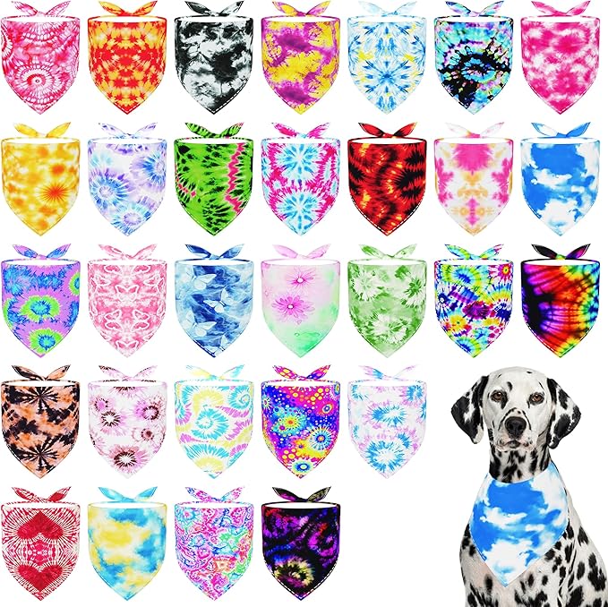 30 Pack Large Tie Dye Dog Bandanas Stitch Dog Bandana Bulk Reversible Print One Side XXL Polyester Scarves Party Grooming L