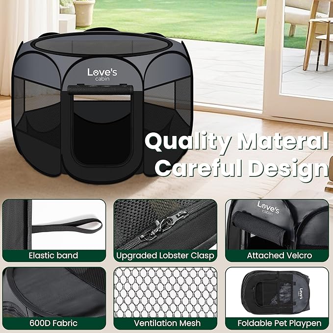 Love's cabin Pet Puppy Dog Playpen, Small Dog Tent Crates Cage Indoor/Outdoor, Portable Playpen for Cat, Foldable Pop Up Dog Kennel Playpen with Carring Case, Removable Zipper Top, Dark Grey