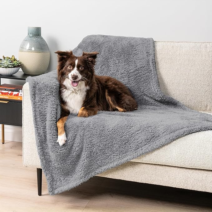 PetAmi Fluffy Waterproof Dog Blanket for Small Medium Dogs, Soft Warm Pet Sherpa Throw Pee Proof Couch Cover, Reversible Cat Puppy Bed Blanket Sofa Protector, Plush Washable Pad (Light Grey, 29x40)