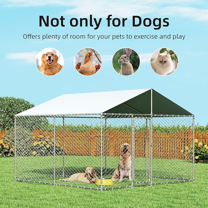 10'x10' Large Outdoor Dog Kennel, Heavy Duty Dog Enclosure with Roof, Weather Resistant Cover and Security Lock(124"x124")