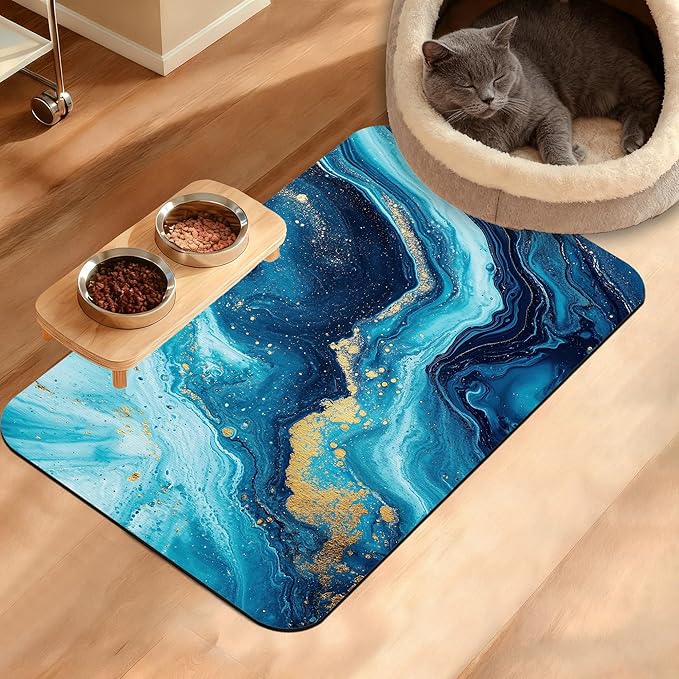 Dog Bowl Mat,Blue Gold Marble Pet Feeding Mat for Floors Waterproof,Flowing Absorbent Dogs Placemat for Food and Water Quick Dry Pet Cat Feeding Mats with Non Slip Bottom 16" x 24"