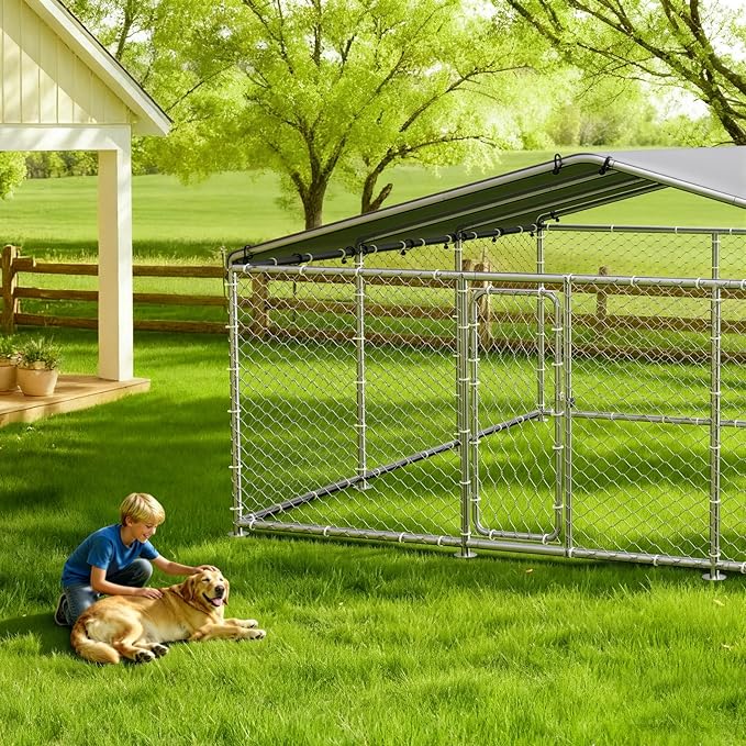 15.3'x15.3'Large Outdoor Dog Kennel Outside– Heavy-Duty Dog Enclosure with Wire Mesh Fence, Lock & Waterproof Cover for Large Dogs