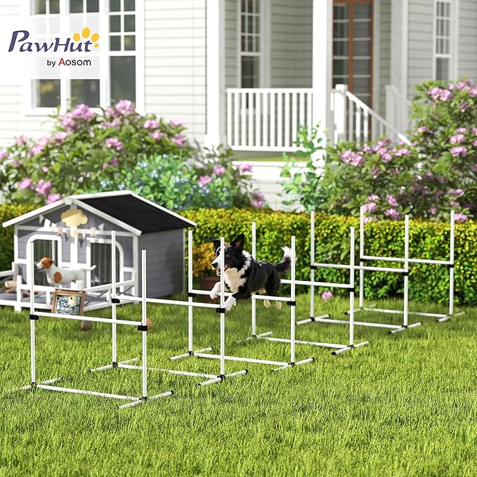 PawHut 6 Piece Dog Agility Training Equipment for Dog Agility Course with Adjustable Height Jump Bars, Included Carry Bag, & Displacing Top Bar, White
