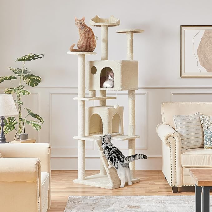 Yaheetech XL Cat Tree, 80in Multi-Level Cat Tower w/Scratching Posts, Double Condo, Perched Platforms and Dangling Balls, Pet Stand House for Kittens, Beige