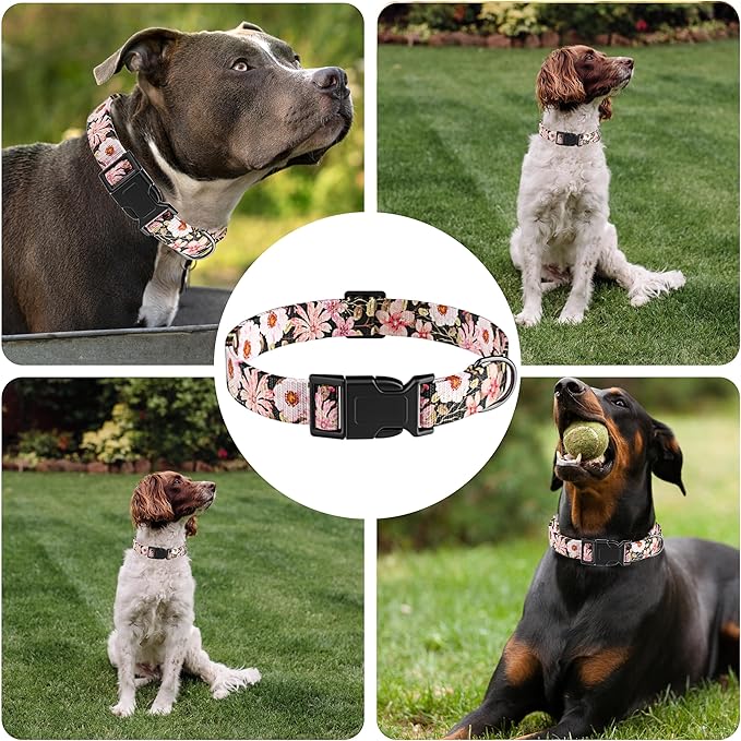 Dog Collar for Boys Girls, Floral Puppy Collar for Small Medium Large Dogs, Adjustable Floral Pattern Soft Pet Collar with Safety Buckle for Male Females(Light Pink,L)