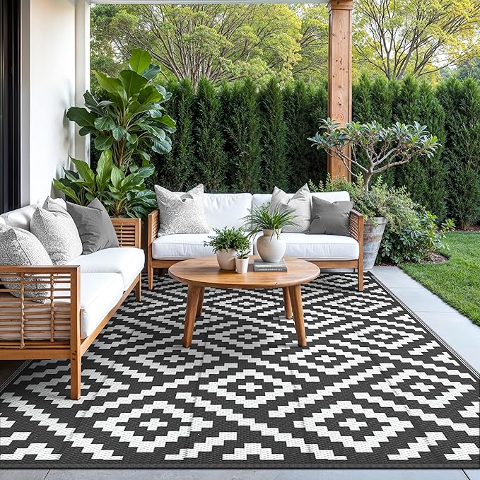 GENIMO Outdoor Rugs 8x10 Waterproof, Reversible Mats, Area Plastic Straw Rug, Outside Carpet, Geometric Rv Mat for Patio Camping Picnic Backyard Deck Balcony Porch Beach Trailer (Black & White)