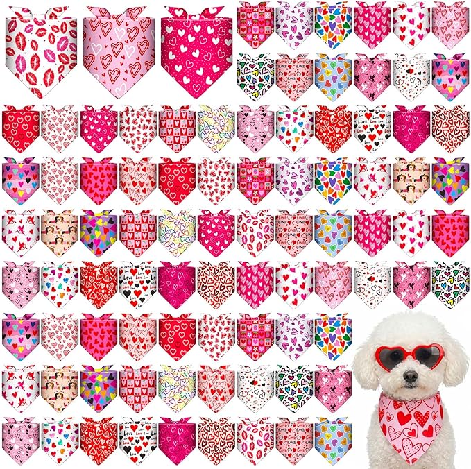 Youyole 120 Pcs Valentine's Day Dog Bandana Bulks Love Dog Bandanas Valentine's Day Pet Scarf Soft Cat Triangle Scarves Pet Bandana Red Pink Heart Bibs for Small and Medium Breed