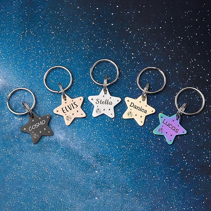Anavia Small Size Dog Cat ID Tags, Small/XS Personalized Color Plated Stainless Steel Puppy Kitten Name Tags, Customized Engraved Nameplate Pet Collar Tag (Black, Star)