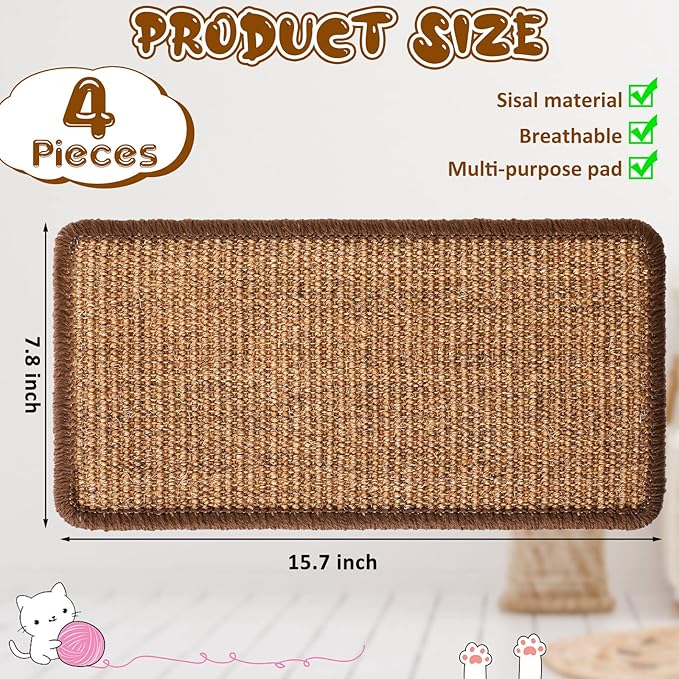 Tuanse 4 PCS Cat Scratcher Mat, 15.7 x 7.8 Inches Sisal Cat Scratching Pad, Horizontal Floor Scratching Pad Rug with Adhesive Loop Tape for Protect Couch and Carpets(Brown)
