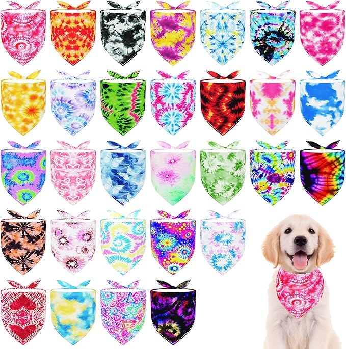 30 Pcs Tie Dye Dog Bandanas for Small Dogs Medium Stitch Dog Bandana Bulk Reversible Print One Side Large Polyester Scarves Party Grooming M