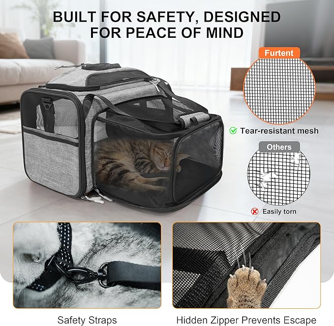 Top and Side Expandable Pet Carriers, 16x11x11 Airline Approved Soft-Sided Cat Carrier for Small Dogs and Cats, in-Cabin Travel Carrier with Anti-Scratch Mesh, Grey