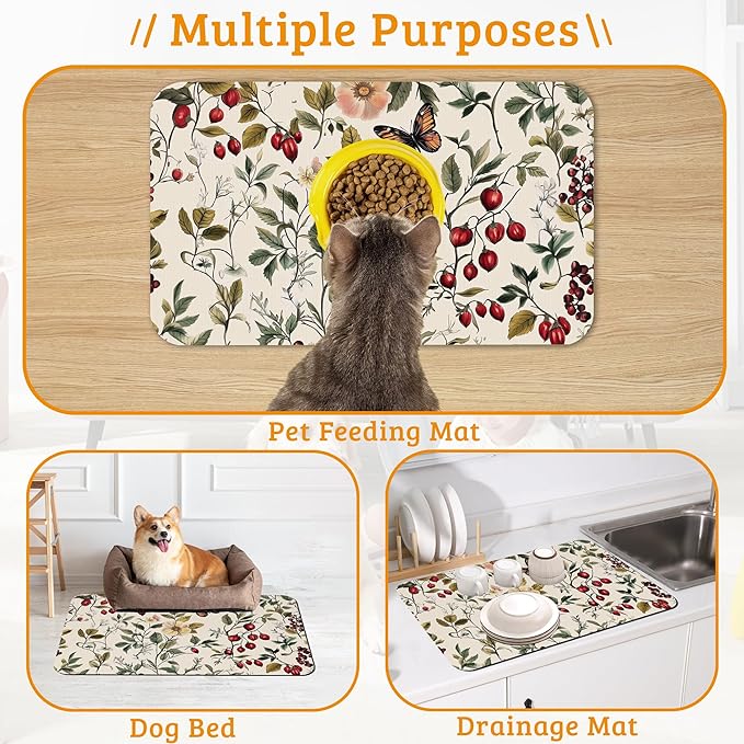 Butterfly Flower Dog Food Mat,Vintage Berry Absorbent Pet Feeding Mat for Food and Water Bowl,Quick Dry Dog Placemat Non Slip Rubber Backing Waterproof Pet Supplies 16" x 24"