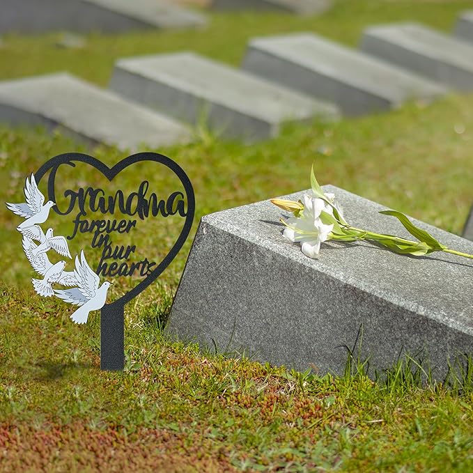 BUoonyer Stake Graves Cemetery Decorations - Grandma Metal Memorial Grave Markers, Grandmother Heart Graveyard Sympathy Plaque, Dove Remembrance Graveside Burial Decor Sign for Outside Yard Garden