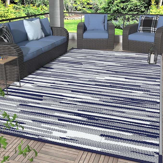 GENIMO Outdoor Rug for Patio Clearance, 8'x10' Waterproof Camping Mat, Reversible Plastic Straw Rugs for RV, Camper, Balcony, Backyard, Picnic, Deck (Blue White)