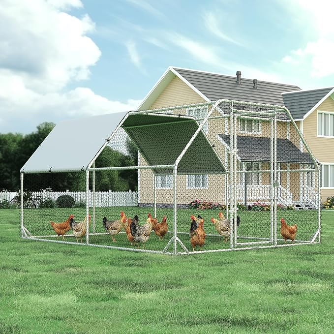 Large Metal Chicken Coop, Walk-in Chicken Run with Reinforced Wire Mesh, Water-Resistant & Anti-UV Cover, Poultry Cage for Hens, Ducks and Rabbits, Outdoor Backyard Farm Pen（9.2’Lx12.47’Wx6.4’H）