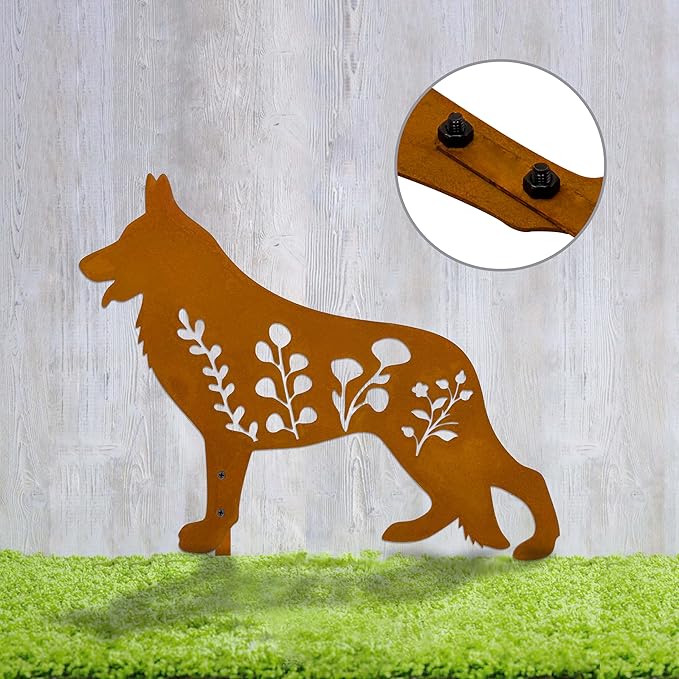 Dog Garden Stake - Unique Gift for Dog Lovers,Black Metal Outdoor Decor, Durable Yard Art Statue (Rust German Shepherd)