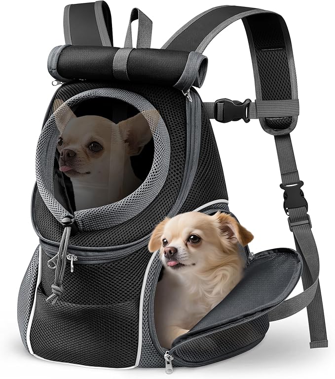 YUDODO Dog Front Carrier Backpack with Sunshade Hood, 2 Head-Out (Front & Side) Breathable Pet Carrier for Small Dog, Ventilated Doggy Backpack for Hiking Outdoor (Upgraded – Black, L)