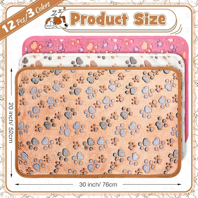 Tegeme 12 Pcs Pet Blankets Soft Fluffy Fleece Dog Cat Warm Paw Print Pattern Blankets Flannel Throw for Pets Dog Puppy Cat(30 x 20 Inch,Pink,Beige,Camel)