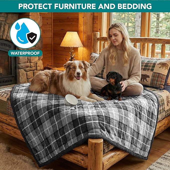PetAmi Waterproof Dog Blanket for Bed, XL Dog Pet Blanket Couch Cover Protection, Sherpa Fleece Leakproof Bed Blanket for Crate Kennel Sofa Furniture Protector, Reversible Soft 80x60 Light Gray/Gray