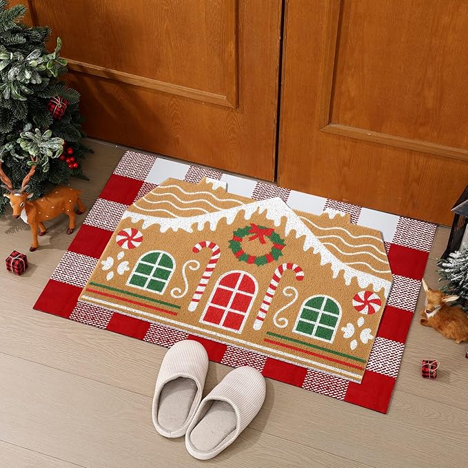 Tinideya 2 Pcs Door Mat Welcome Non Slip Coir Mats Floor Layering Doormats Seasonal for Front Porch Entryway Decor(Gingerbread House)