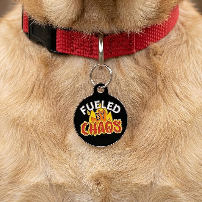 Bad Tags Personalized Dog and Cat ID Tags in 25+ Designs and 2 Sizes - 5 Lines of Custom Engraved Text - Funny Cute Personalized Pet Tags (Fueled by Chaos, Large (1.25 inch))