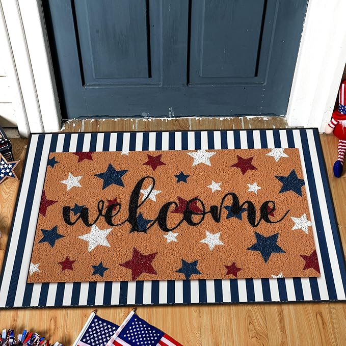 Tinideya 2 Pcs Door Mat Welcome Non Slip Coir Mats Floor Layering Doormats Seasonal for Front Porch Entryway Decor(Patriotic)