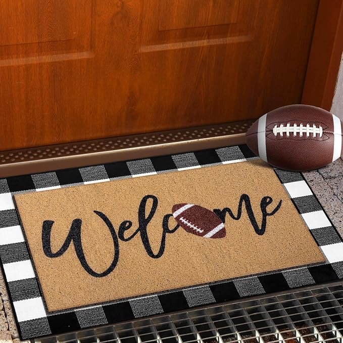 Tinideya 2 Pcs Door Mat Welcome Non Slip Coir Mats Floor Layering Doormats Seasonal for Front Porch Entryway Decor(Football)
