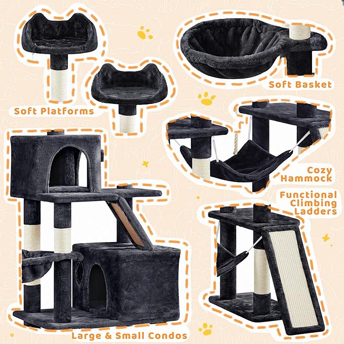 Yaheetech Cat Tree, 82.5in Extra Large Tower w/Cute Perches, Cozy Condo, 8 Scratching Posts, Basket, Multi Level Cat Tree for Indoor Cats, Black