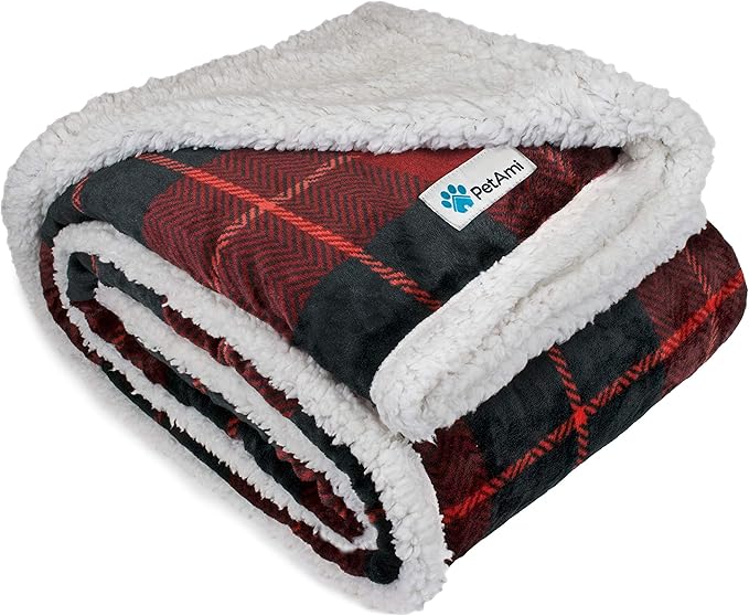 PetAmi Dog Blanket for Bed, XL Pet Blanket Large Dogs, Fleece Furniture Couch Cover Protector Sofa Car Crate Kennel, Soft Sherpa Cat Throw Plush Reversible Washable, Twin 60x80 Plaid Red