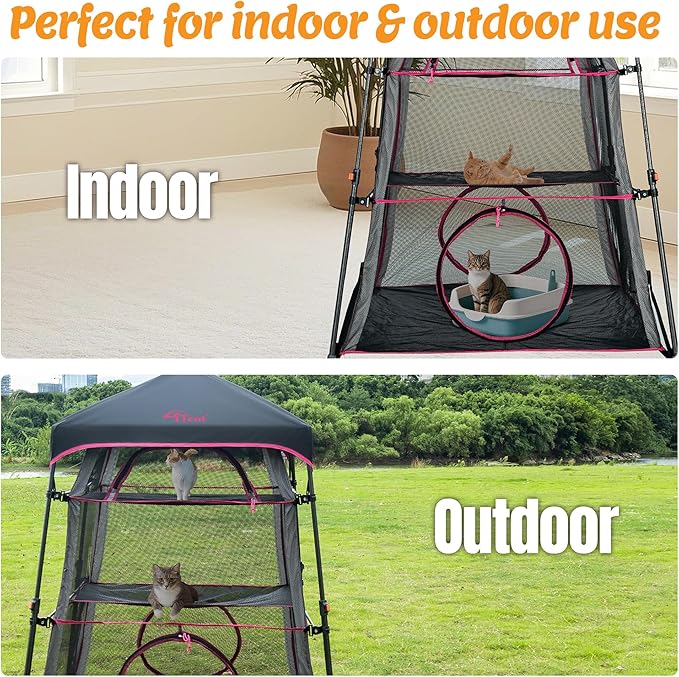 Pop Up Catio Cat Enclosure for Indoor and Outdoor with Waterproof Bottom,3 Tier Spacious Cat Tower Tent,Portable Outdoor Cat Tent for Patio,Balcony, Deck & Camping Weatherproof & Sunproof(Patented)