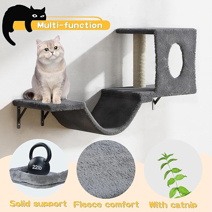 NUNU LAB Wall Mounted Cat Furniture Set - 6 Pcs Climber Set with House, Bridge, Steps, Scratcher Board - DIY Walls Playground, Indoor Cat Shelves - Dark
