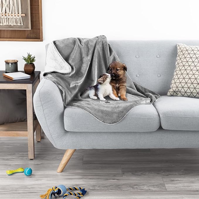 Waterproof Pet Blanket - 30x40-Inch Reversible Sherpa Fleece Throw Protects Couches, Cars, and Beds from Spills, Stains, and Fur by PETMAKER (Gray)